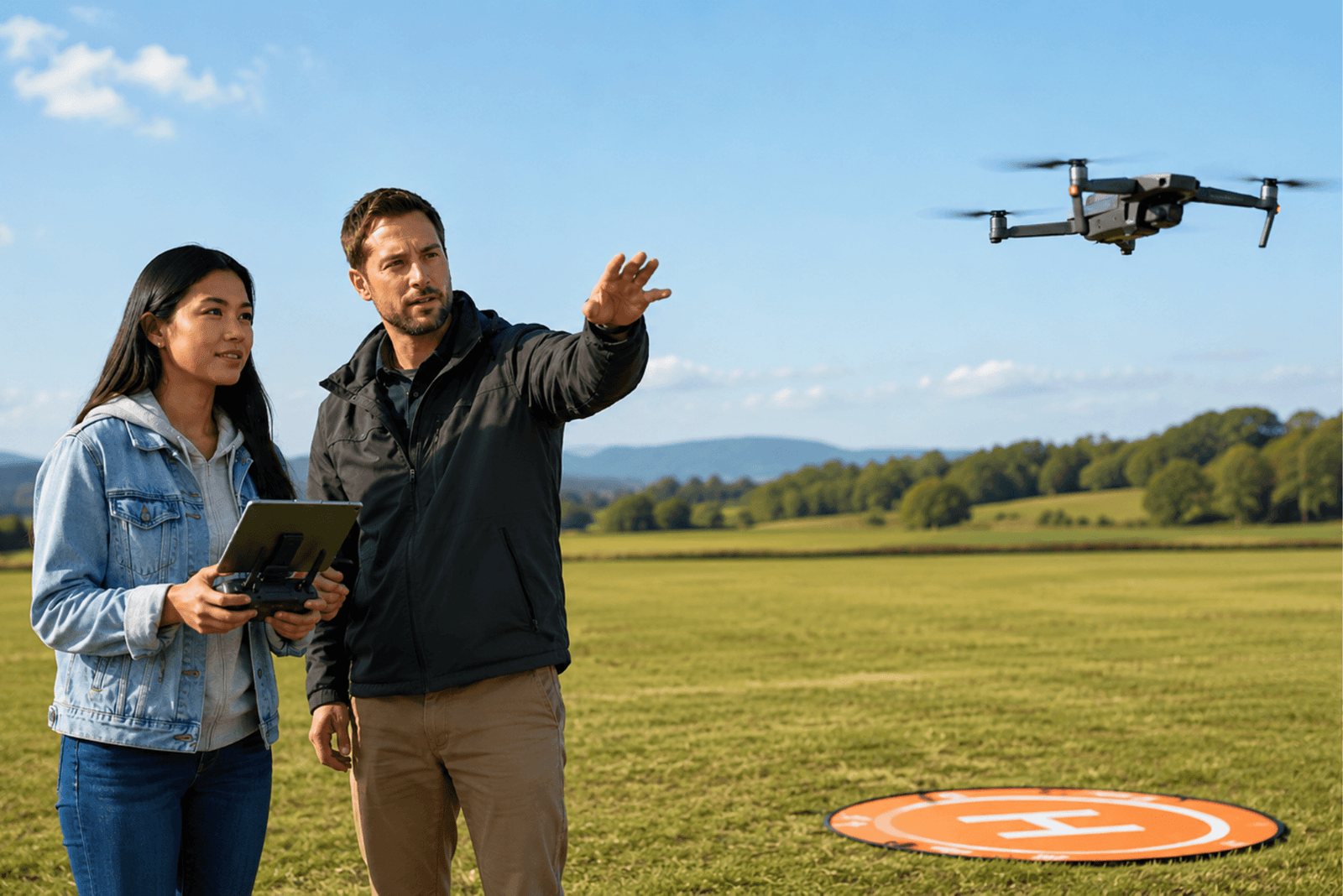 Élève accompagnée par un instructeur pendant une formation drone complète en extérieur