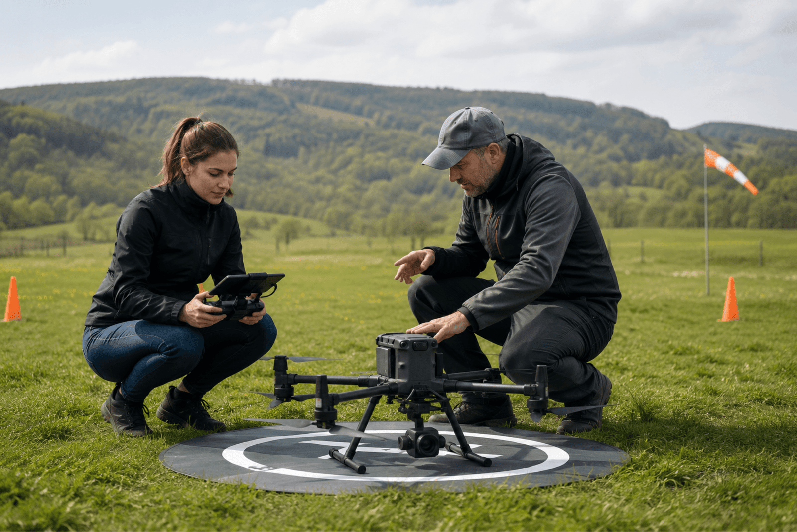 Élève et instructeur en formation drone accélérée sur le terrai