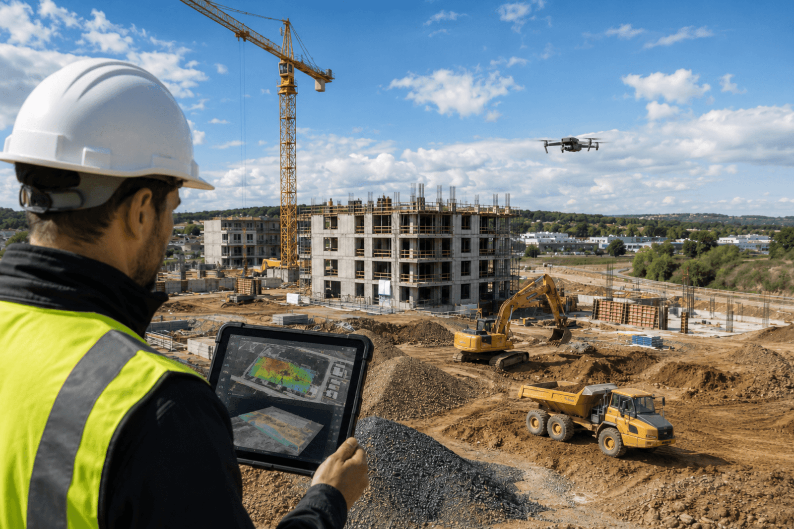 Télépilote drone sur chantier BTP pour une formation en suivi de chantier, relevé topographique et calcul de cubatures