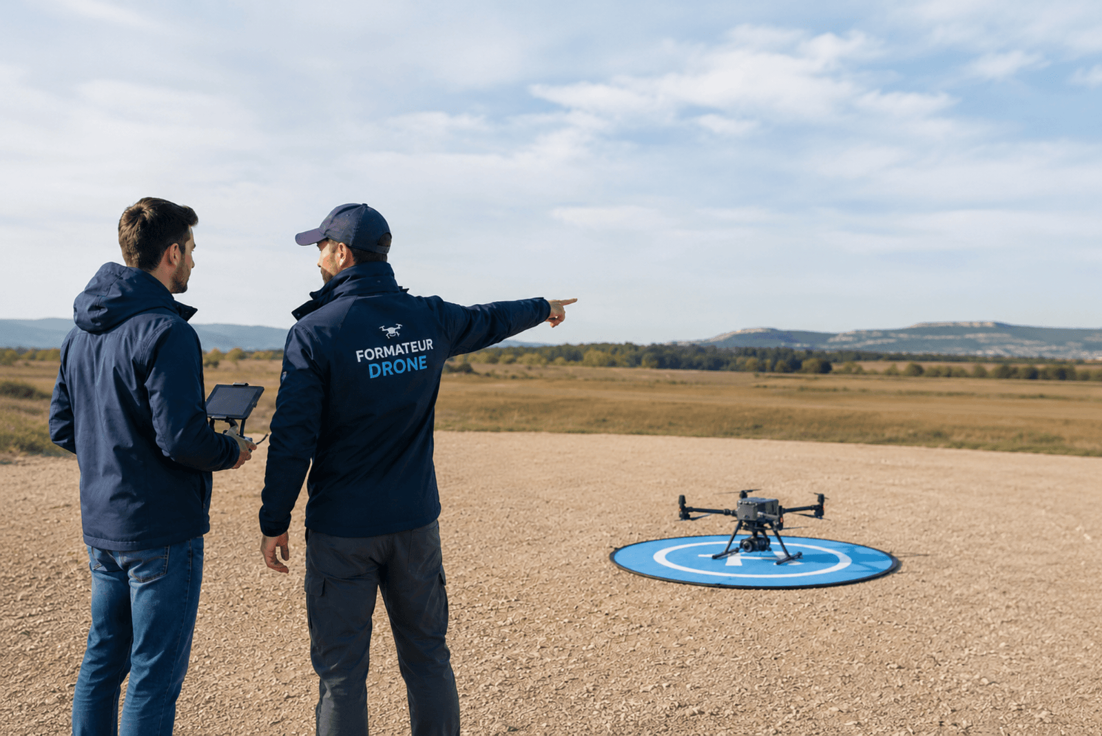 Élève et instructeur en formation drone professionnel session pratique