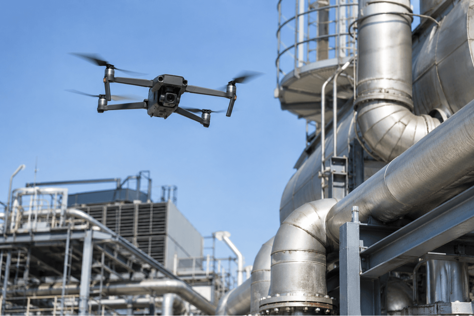 Drone en mission d’inspection pour une formation spécialisée sur bâtiment, ouvrage d’art ou installation industrielle
