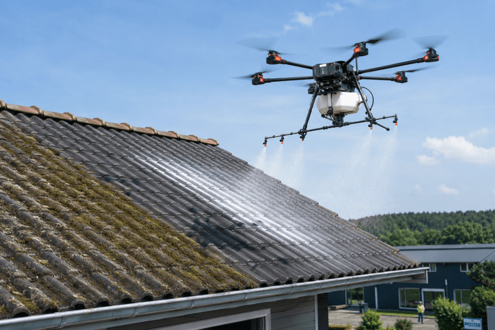 Drone de pulvérisation pour le nettoyage et le démoussage de toiture