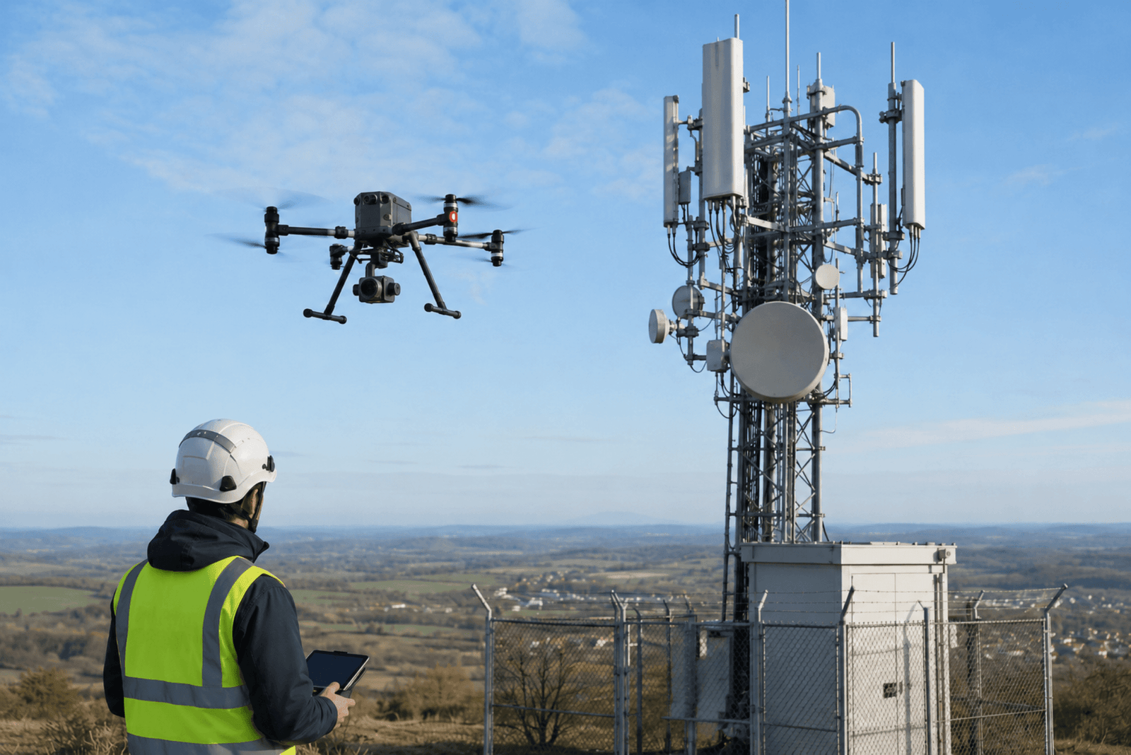 Drone en mission de surveillance et d'inspection d'antennes télécom