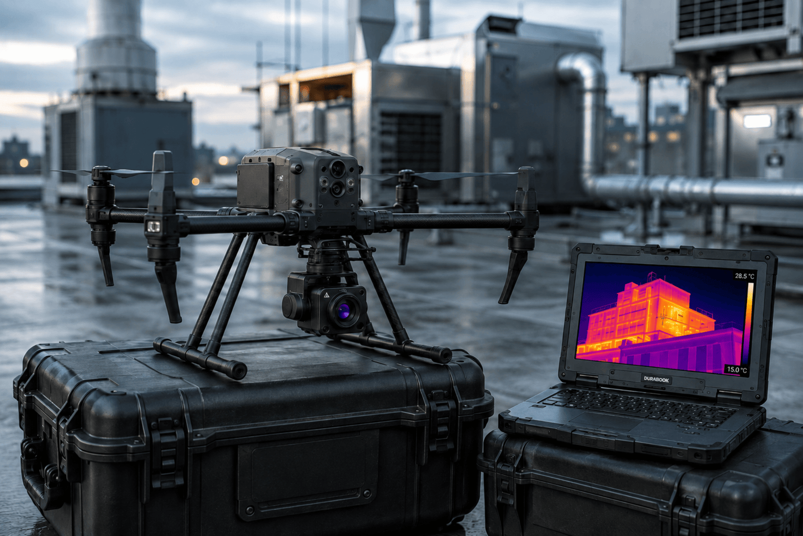 Drone équipé d’une caméra thermique pour une mission d’inspection technique